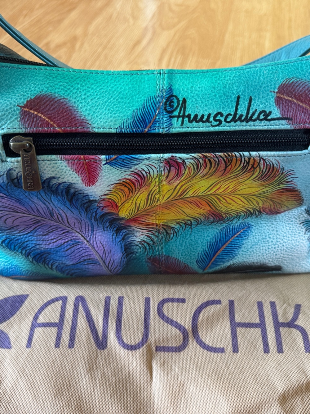 Anuschka Turquoise Hand-Painted Feather Leather Shoulder Bag